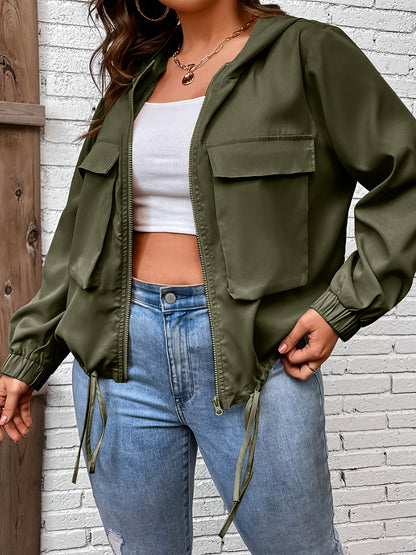 Plus Size Casual Jacket, Women's Plus Solid Long Sleeve Zipper Hooded Drawstring Jacket With Flap Pockets