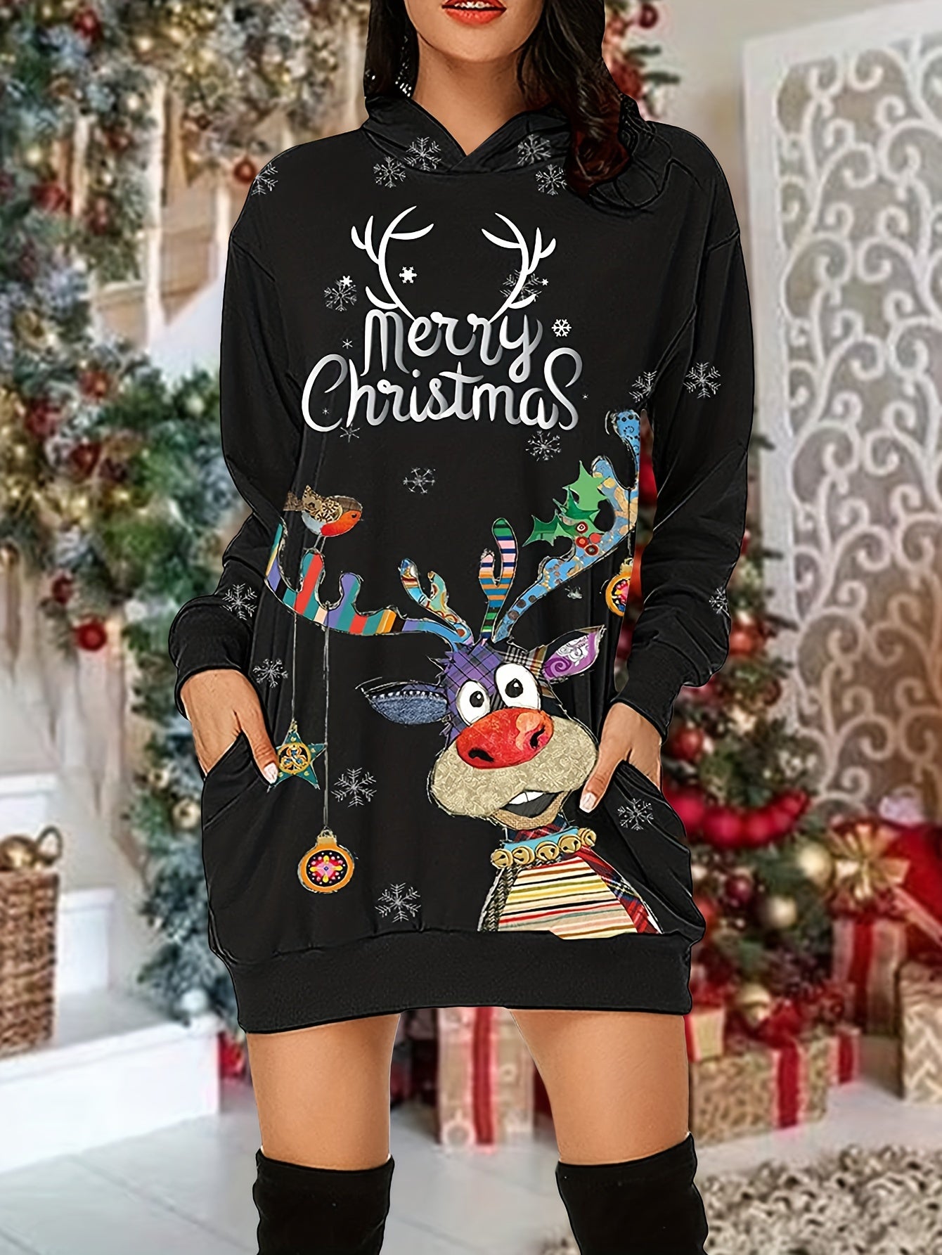 dunnmall  Christmas Print Casual Hoodie Dress Long Sleeve Hooded Dress