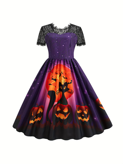 Halloween Witch & Castle Print Lace Stitching Dress, Elegant Ruffle Hem Swing Aline Dress, Women's Clothing