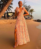 Casual Dresses  Women Summer Floral Holiday Dress Elegant Sleeveless V Neck Cut Out Appliques Long High Street Going Party