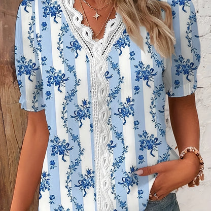 dunnmall  Floral Print Contrast Lace Blouse, Casual V Neck Short Sleeve Summer Blouse, Women's Clothing