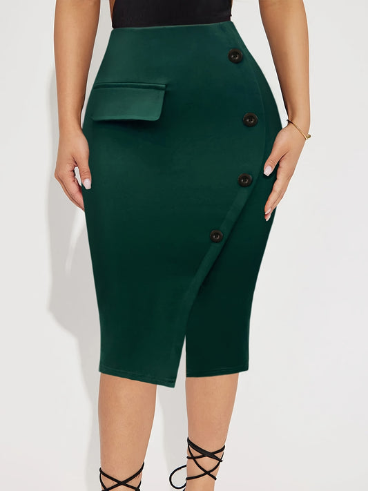 Stylish High Waist Slim Fit Button Decor Skirt - Solid Color, Split Design, Business Casual, Comfortable, Flattering, Women's Clothing for Work or Daily Life