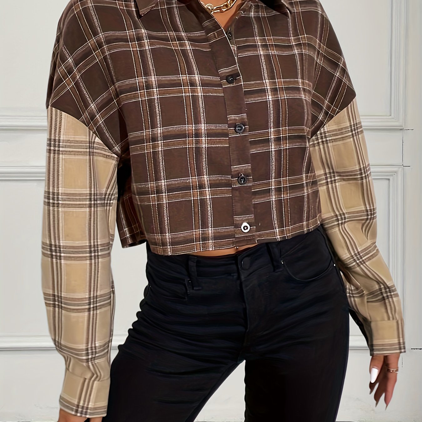 Plaid Print Color Block Crop Jacket, Casual Drop Shoulder Button Front Jacket, Women's Clothing