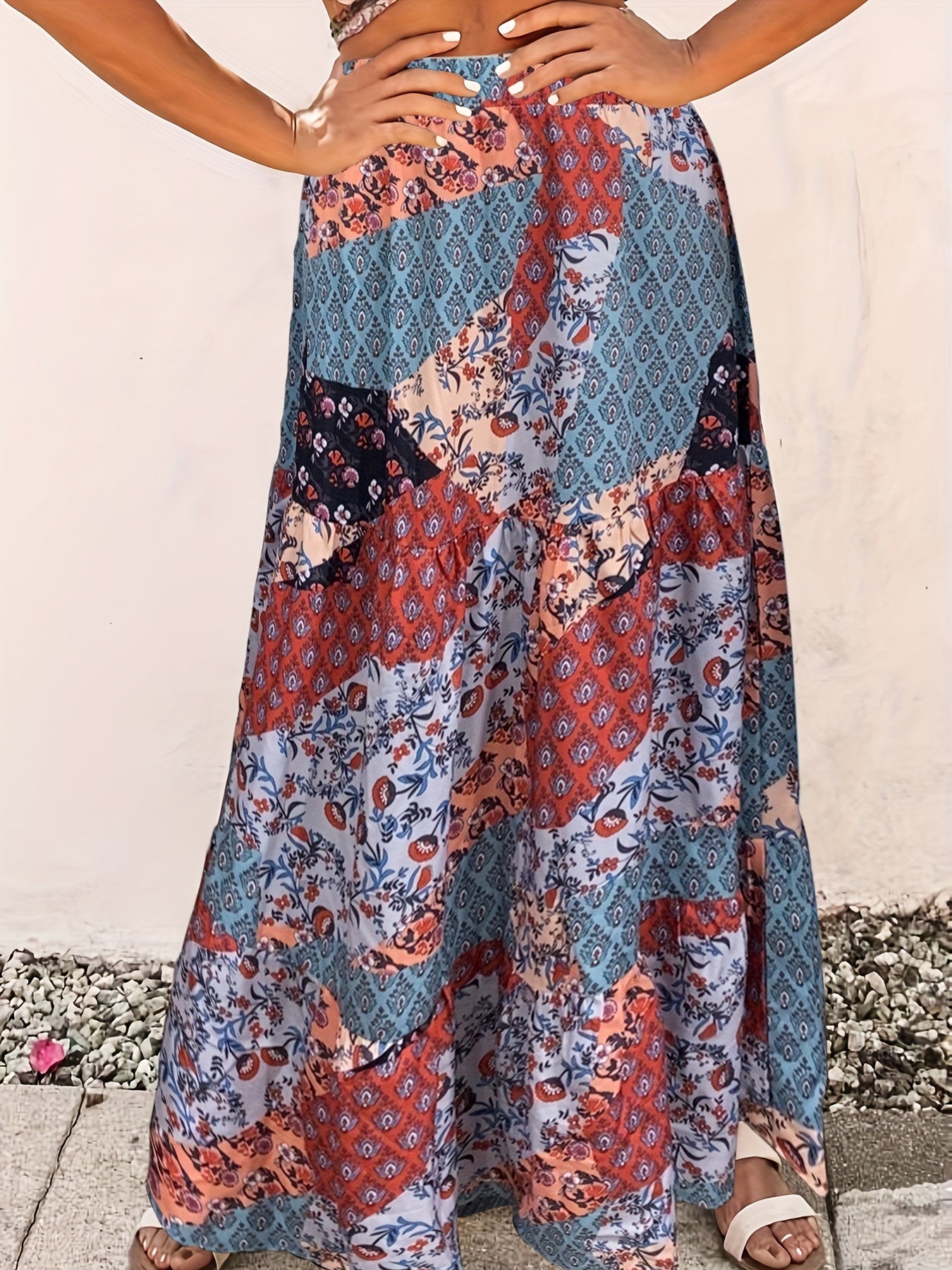 Plus Size Boho Skirt, Women's Plus Stitching Floral Print High Rise Pleated Maxi Skirt