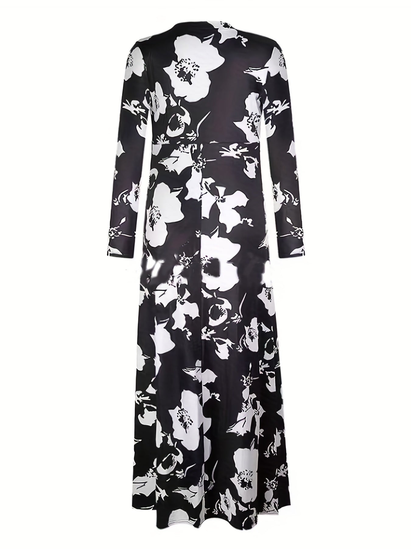 dunnmall  Floral Print Surplice Neck Dress, Casual High Waist Pleated Maxi Dress, Women's Clothing