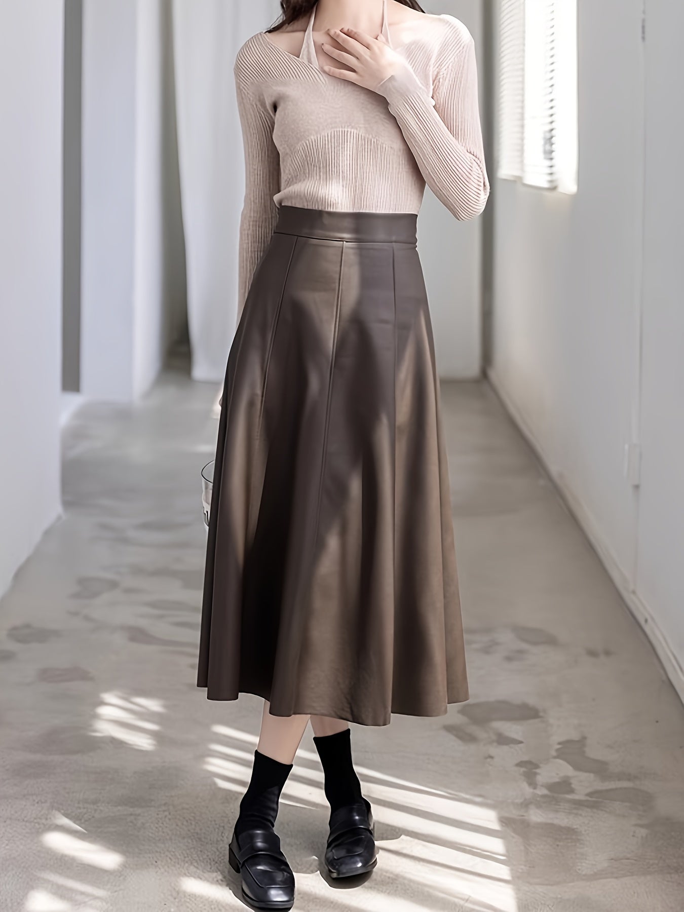 Faux Leather Solid Flared Skirt, Elegant High Waist Ruffle Hem Midi Skirt, Women's Clothing