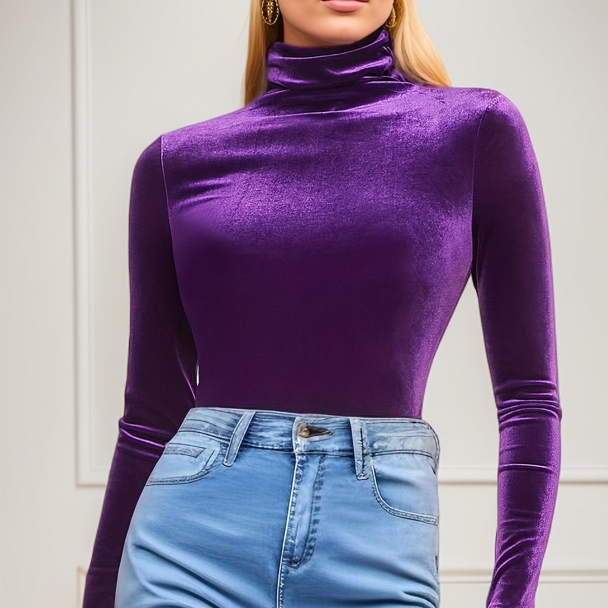 dunnmall  Solid Turtleneck Velvet Simple Top, Vintage Long Sleeve Slim Top For Spring & Fall, Women's Clothing