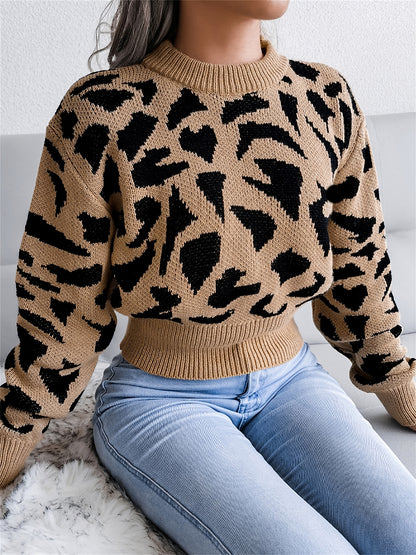 dunnmall  Leopard Print Crop Sweater, Casual Crew Neck Long Sleeve Sweater, Casual Tops For Fall & Winter, Women's Clothing