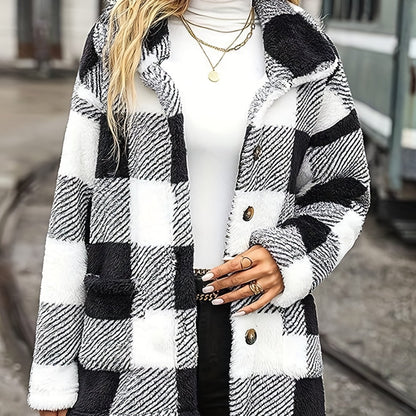 dunnmall  Plaid Print Teddy Coat, Casual Button Front Long Sleeve Winter Warm Outerwear, Women's Clothing