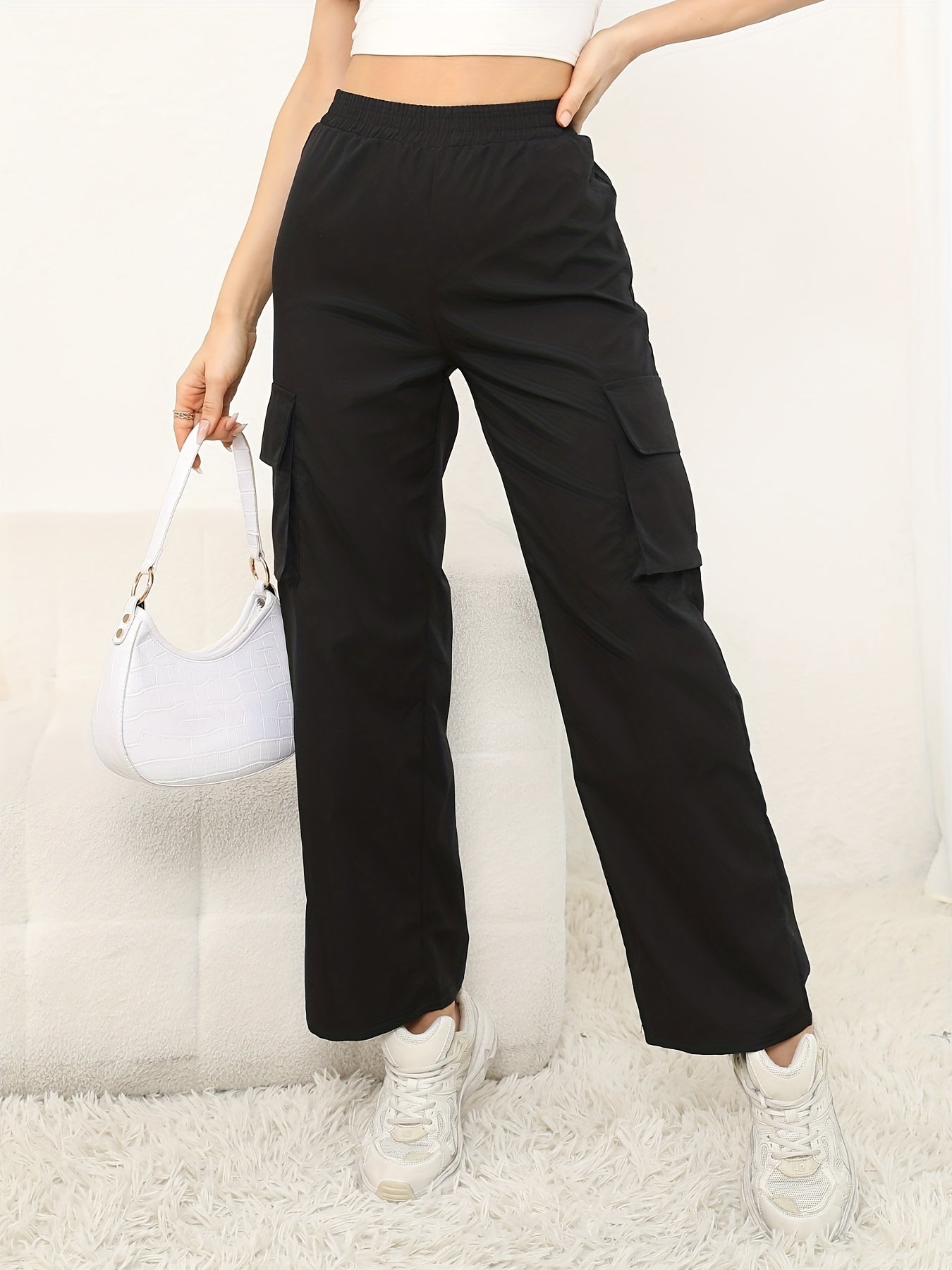 dunnmall  Solid Color Flap Pockets Straight Legs Trouser, High Waist Casual Wide Legs Cargo Pants, Women's Sweatpants