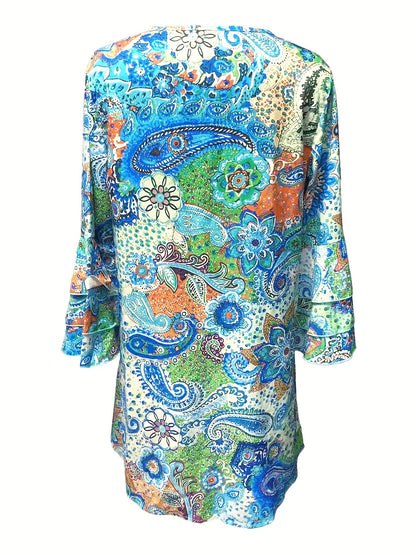 Paisley Print Layered Dress, Vacation V Neck Flared Sleeve Dress, Women's Clothing