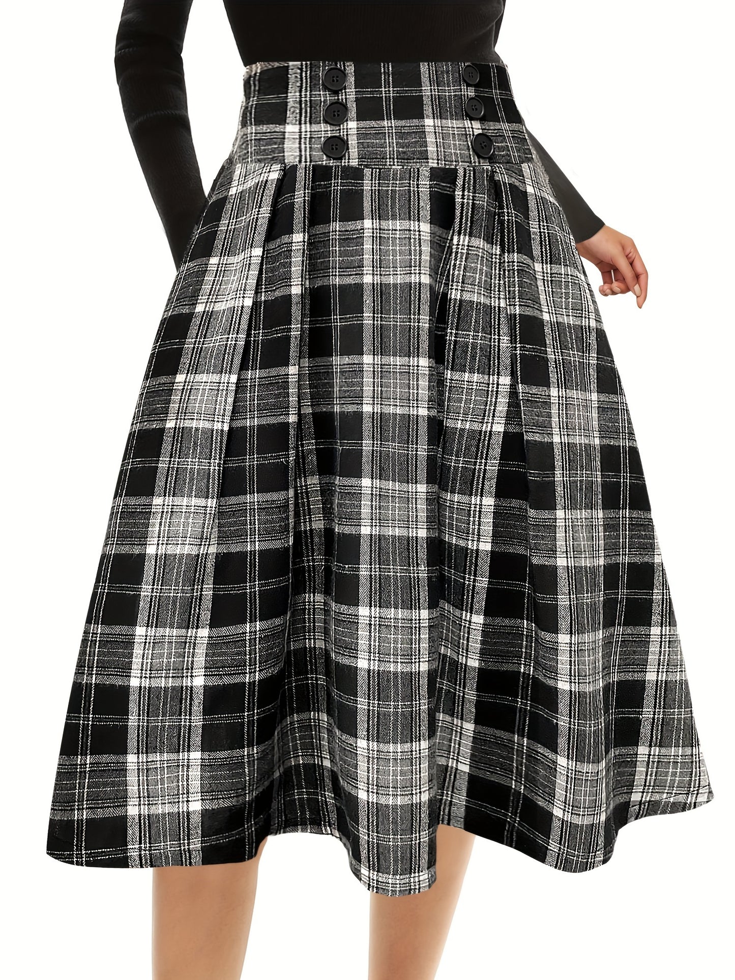 Plaid Print High Waist Button Skirt, Elegant A Line Flare Midi Skirt, Women's Clothing