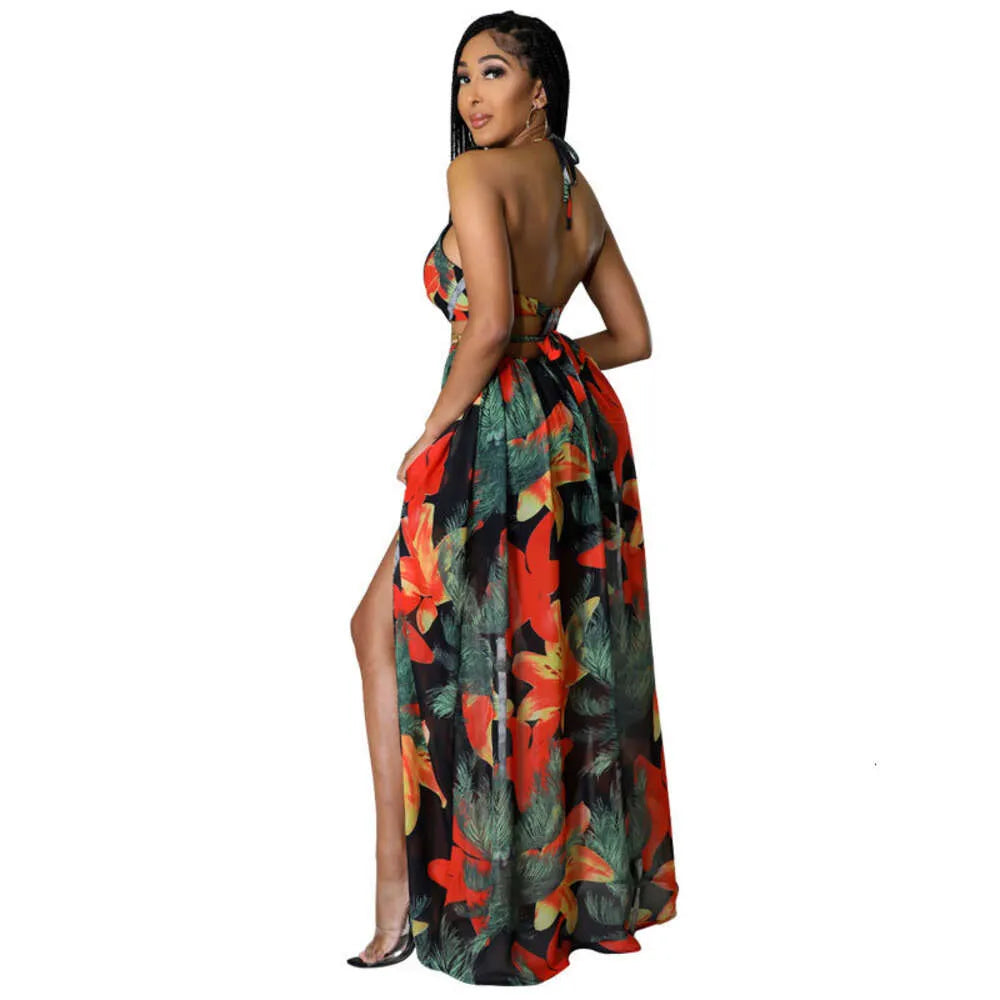 Elegant Women Floral Halter V Neck Backless Cut Out Waist Chain Sleeveless High Side Split Fit Flare Maxi Long Dresses