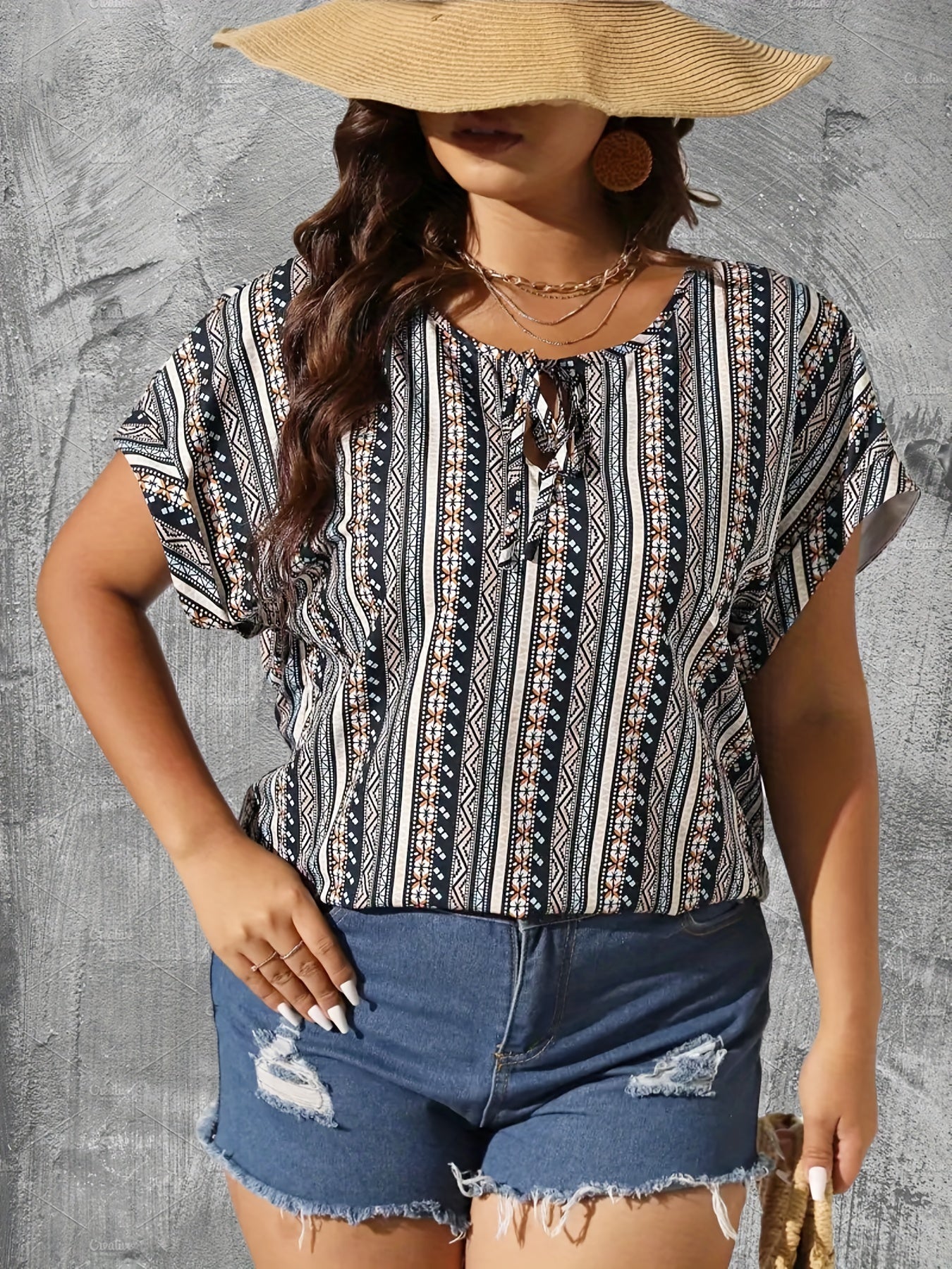 dunnmall  Plus Size Boho Blouse, Women's Plus Tribal Print Short Sleeve Keyhole Tie V Neck T-shirt