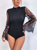 dunnmall  Contrast Lace Mock Neck Bodysuit, Elegant Bell Sleeve Sheer Bodysuit, Women's Clothing