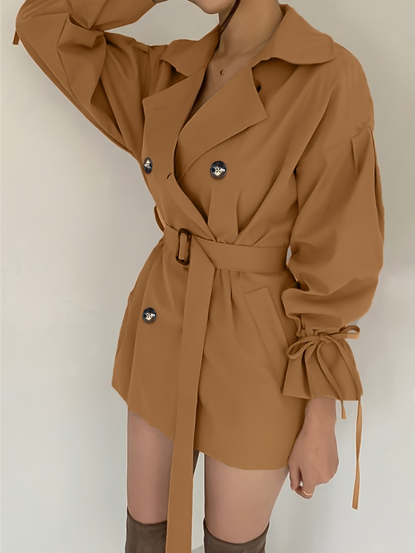 dunnmall Double Breasted Lapel Trench Coat, Elegant Solid Drawstring Long Sleeve Outerwear, Women's Clothing