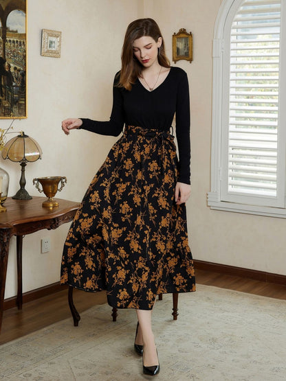 Women's Dresses Knitted Long-sleeve Paneled Floral Swing Dresses