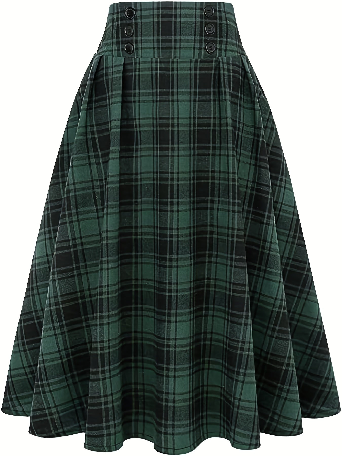 High Waist Button Plaid Ruffled Hem Skirt, Vintage Loose Stylish Midi Skirt, Women's Clothing