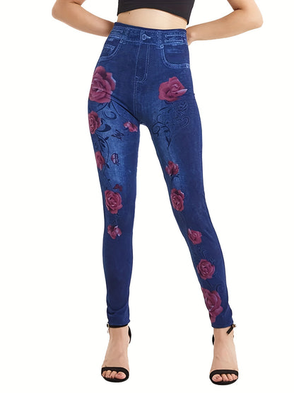 dunnmall  Denim Print High Waist Jeggings, Slim Stretchy Casual Leggings, Women's Clothing