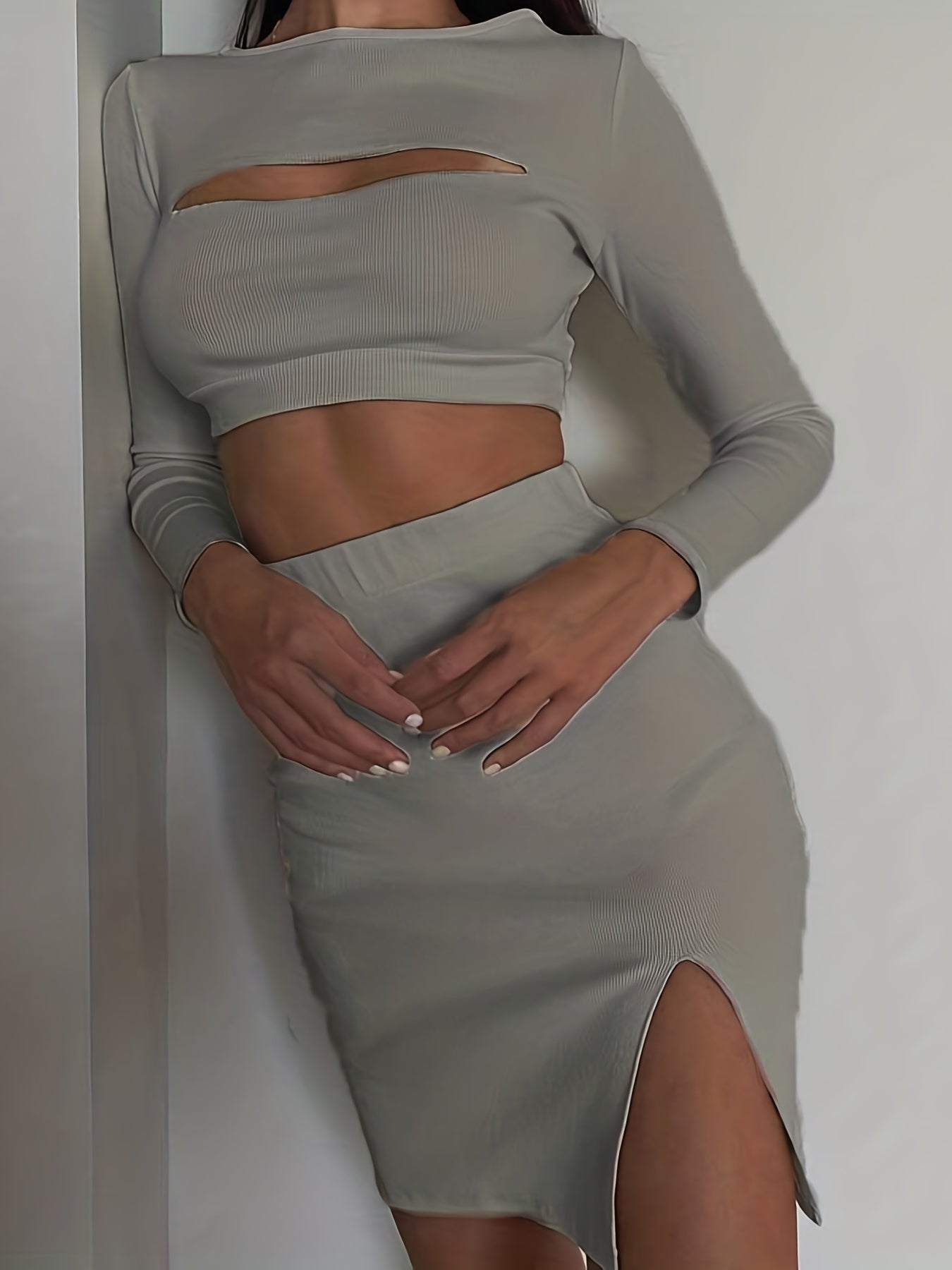 Sexy Solid Two-piece Set, Cut Out Crop Top & Split High Waist Skirt Outfits, Women's Clothing