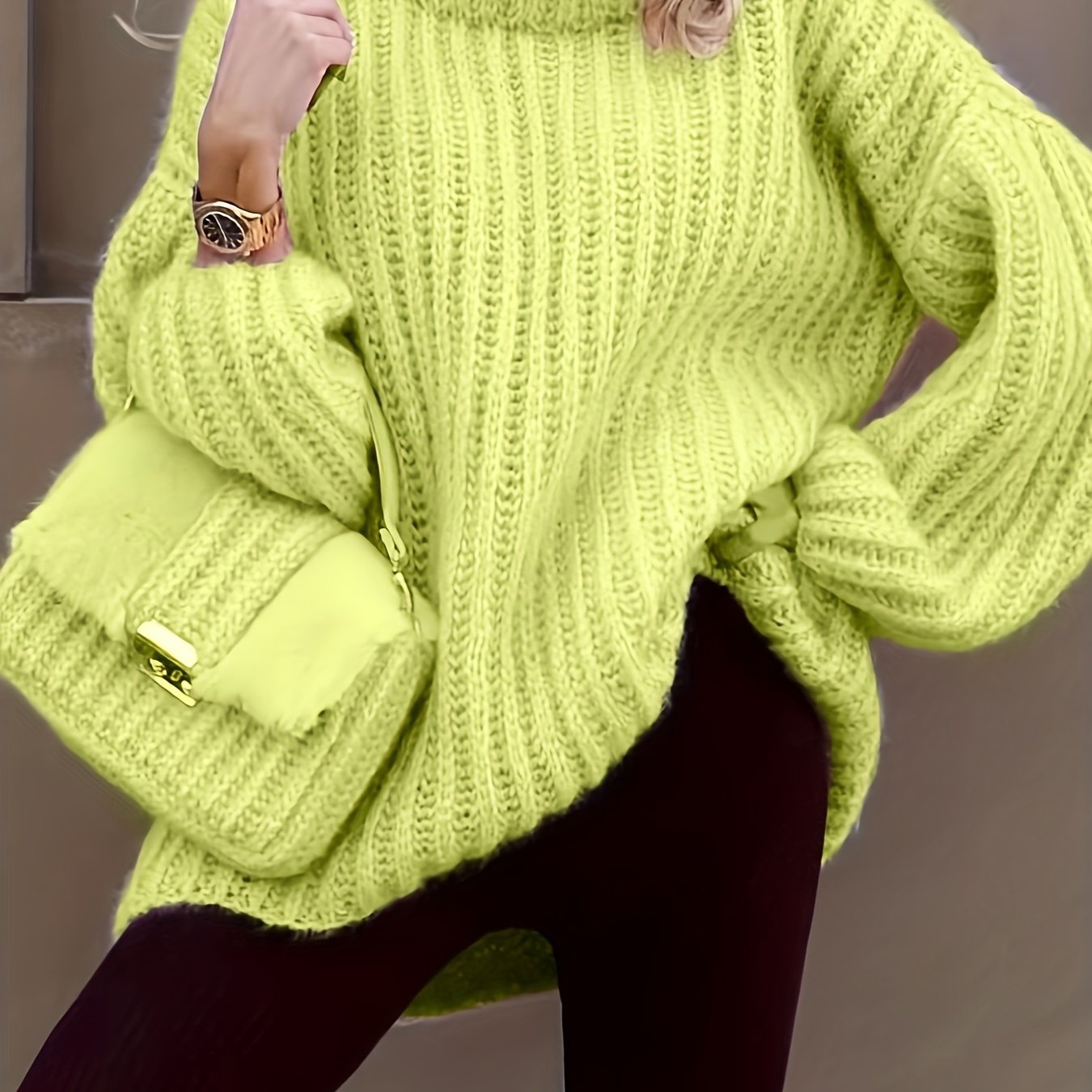 dunnmall  Solid Turtle Neck Chunky Knit Sweater, Casual Long Sleeve Oversized Sweater For Fall & Winter, Women's Clothing