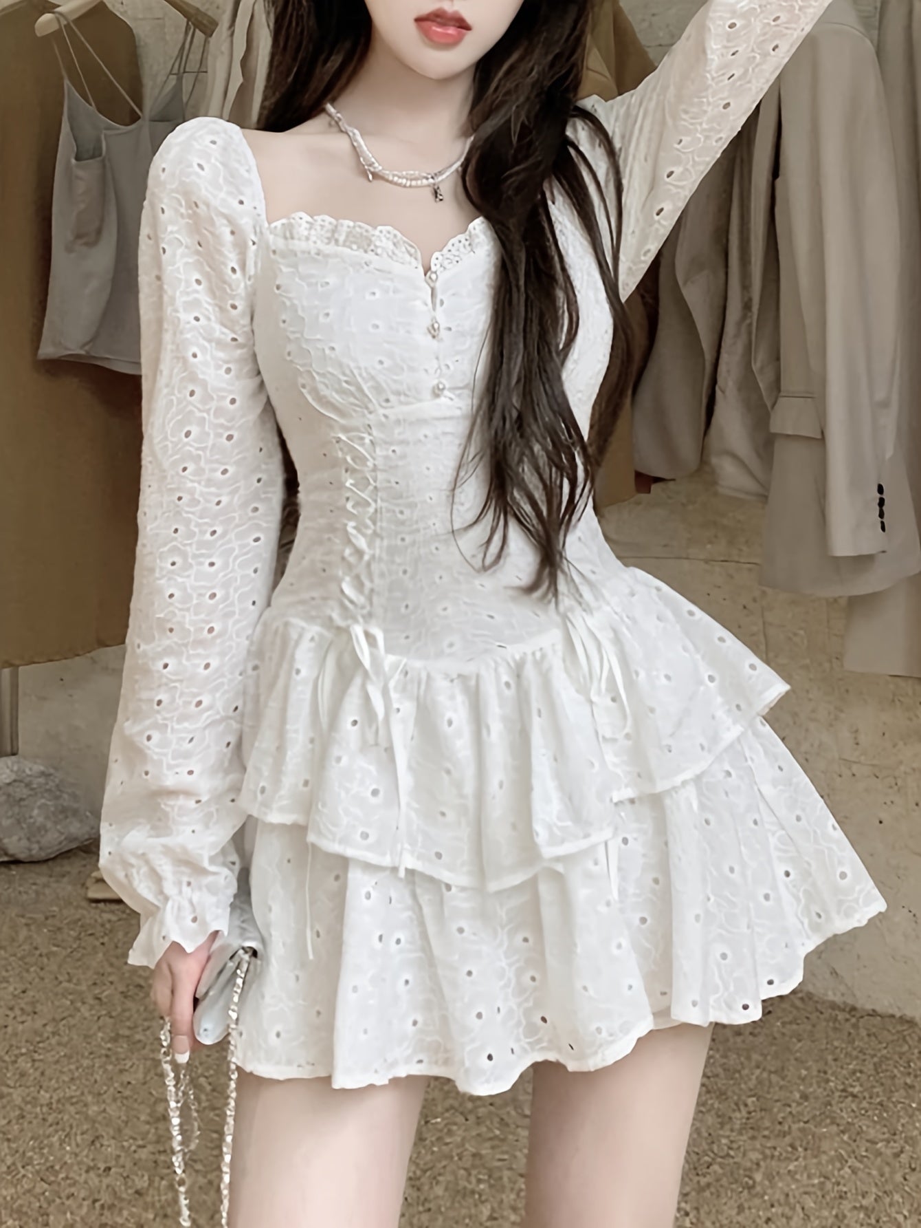 dunnmall  Eyelet Embroidered Flare Sleeve Layer Ruffle Dress, Elegant Frill Trim Sweetheart Neck Waist Dress, Women's Clothing