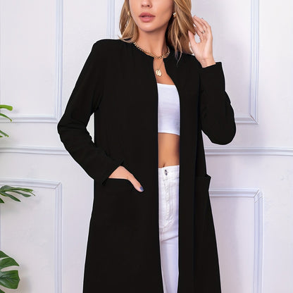 Long Length Open Front Coat, Casual Long Sleeve Solid Outerwear, Women's Clothing