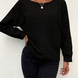 Solid Boat Neck Knit Bat Sleeve Sweater, Casual Long Sleeve Versatile Sweater, Women's Clothing