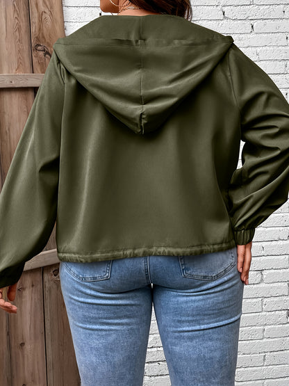 Plus Size Casual Jacket, Women's Plus Solid Long Sleeve Zipper Hooded Drawstring Jacket With Flap Pockets