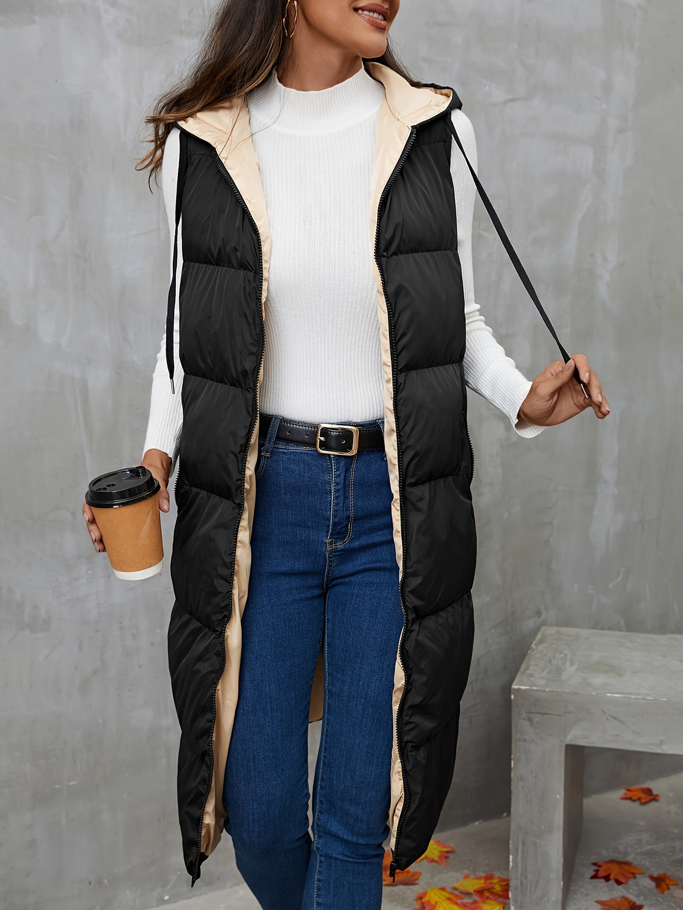 Hooded Sleeveless Coat, Casual Zipper Long Length Winter Outerwear, Women's Clothing