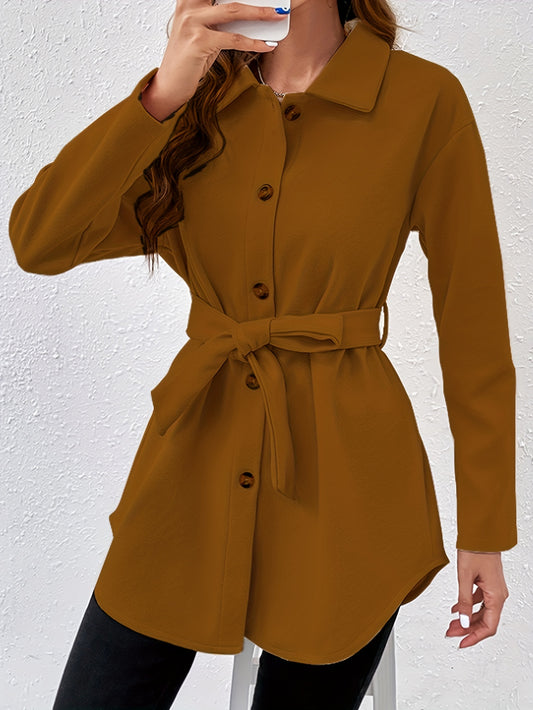 dunnmall  Solid Button Front Coat, Elegant Collared Long Sleeve Outerwear, Women's Clothing