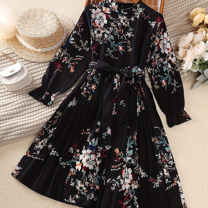 dunnmall  Girl's Floral Allover Flounce Long Sleeve Pleated Hem Mock Neck Belted Dress For Summer