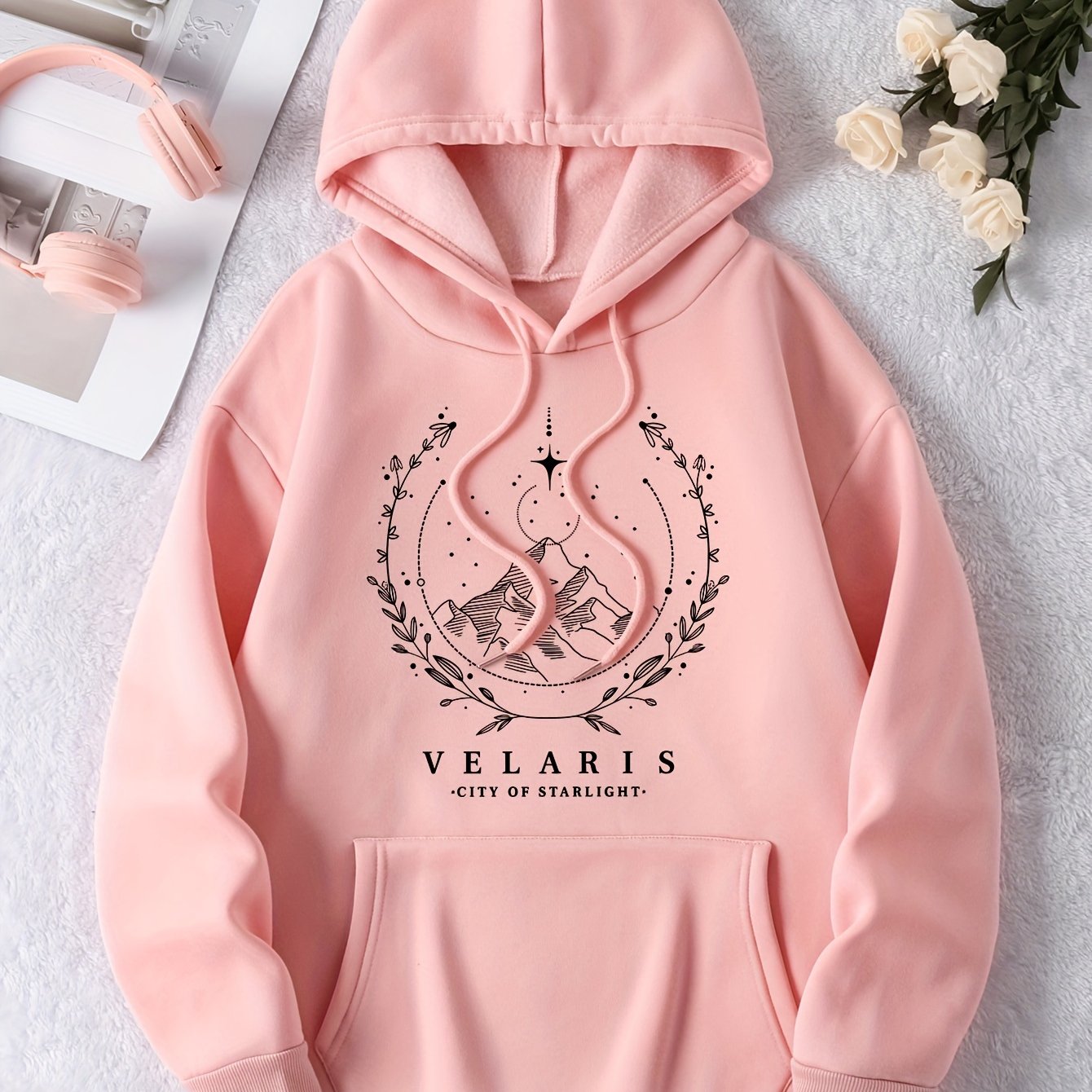 Winter Warmth & Starry Style: Cozy Casual Women's Hoodie with Convenient Kangaroo Pocket, Long Sleeves, and Durable Stretch Fabric