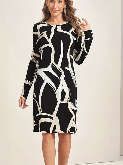 dunnmall Abstract Print Long Sleeve Dress, Casual Crew Neck Slim Dress, Women's Clothing