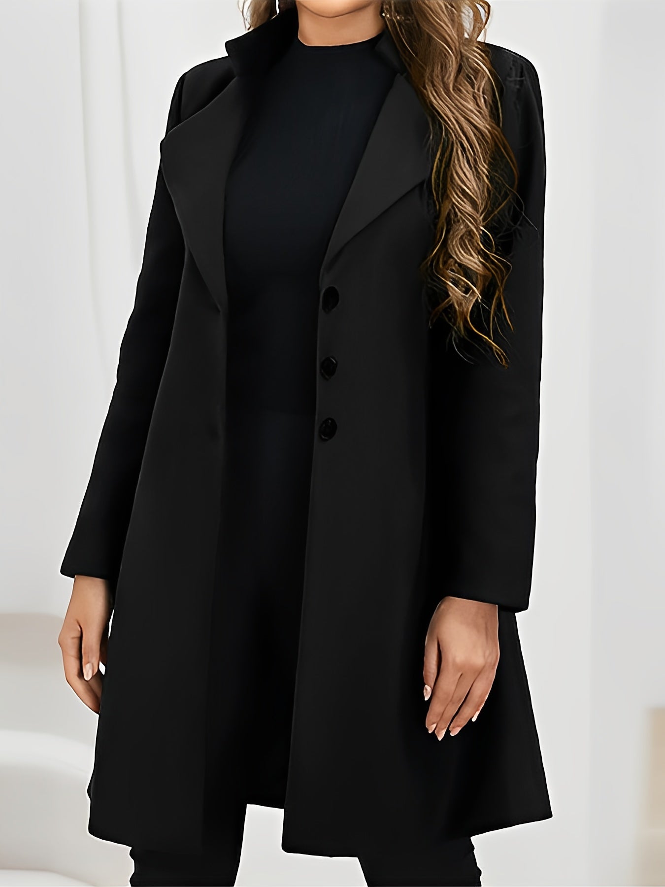 Solid Single Breasted Lapel Overcoat, Versatile Long Sleeve Overcoat, Women's Clothing