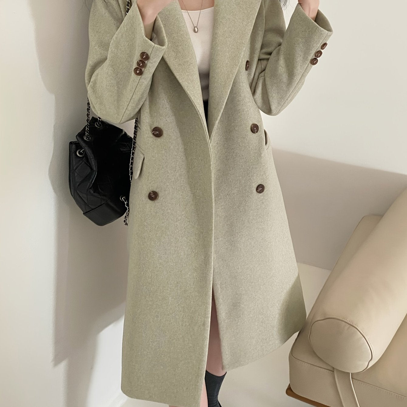 dunnmall Solid Color Double-breasted Coat, Casual Long Sleeve Lapel Coat For Fall & Winter, Women's Clothing