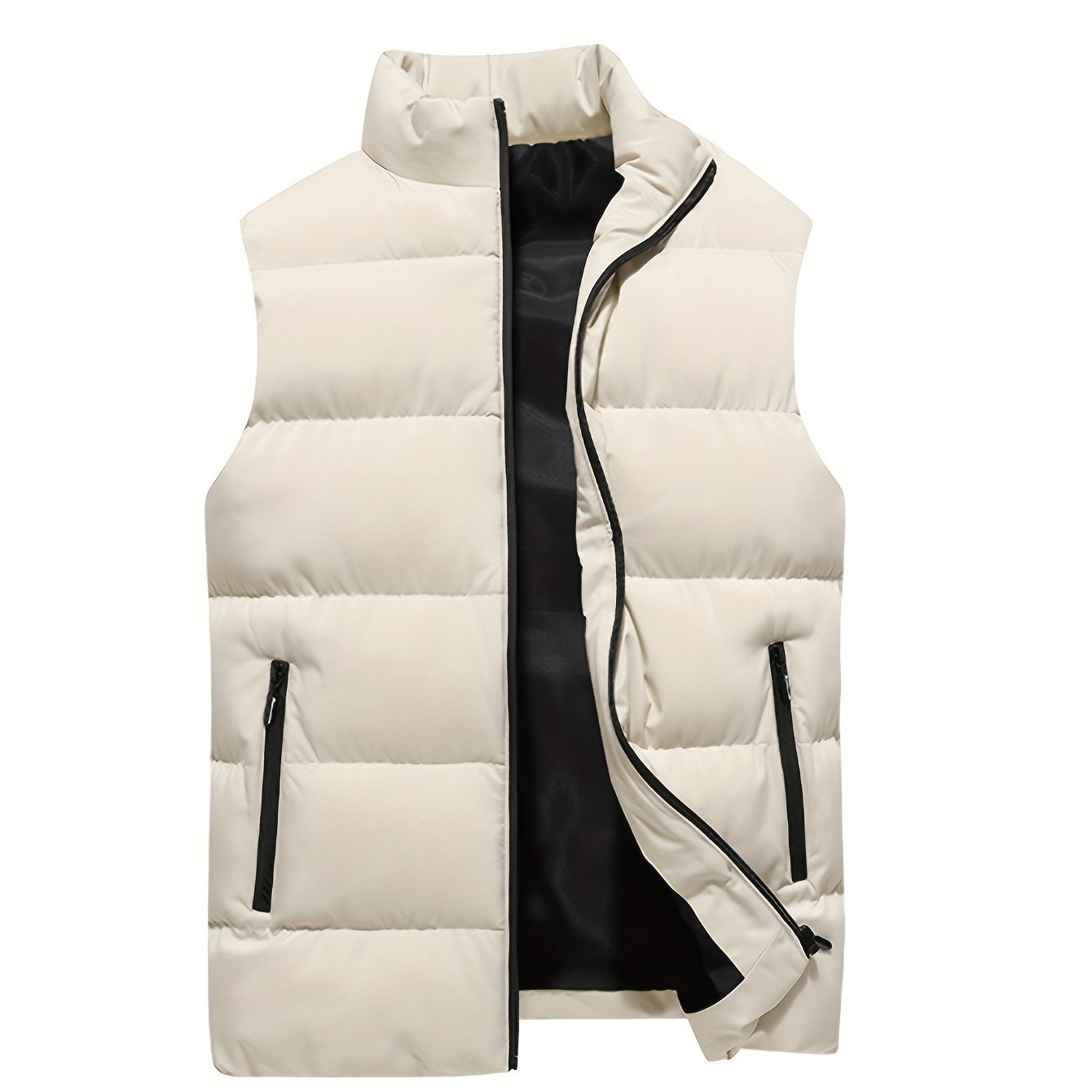 dunnmall  Warm Winter Vest, Men's Casual Zipper Pockets Stand Collar Zip Up Cotton Padded Vest For Fall Winter