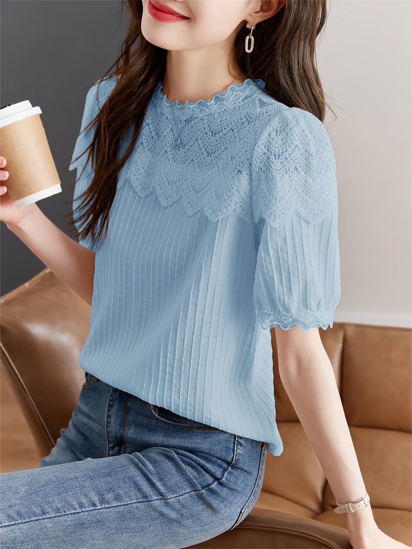 Charming Solid Lace Blouse with Stitching Detail - Soft Textured Short Sleeve Top for Spring & Summer Elegance - Womens Casual Fashion