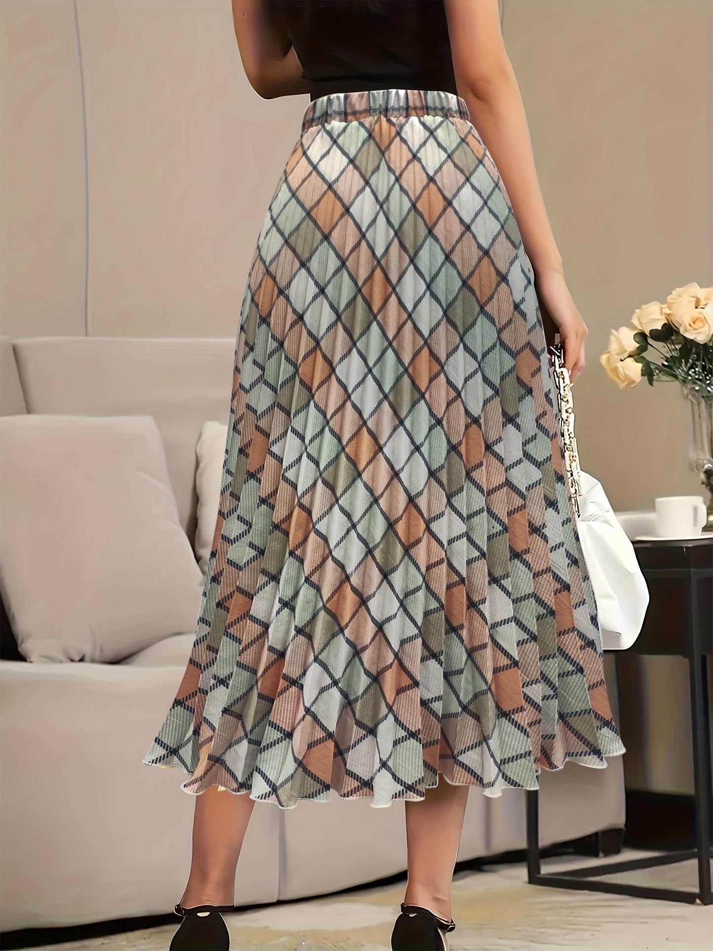 Plus Size Casual Skirt, Women's Plus Argyle Print Elastic High Rise Pleated Maxi Skirt