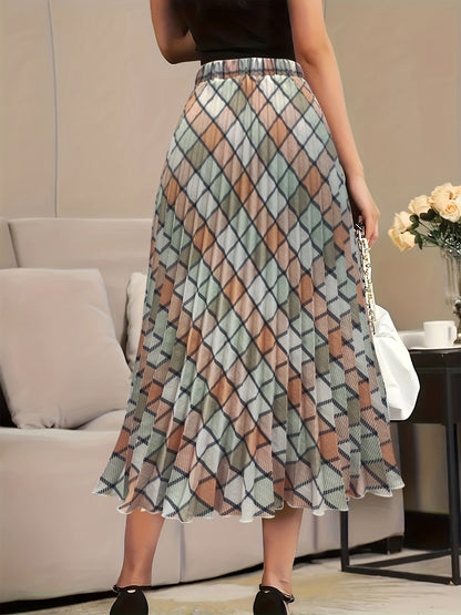 Plus Size Casual Skirt, Women's Plus Argyle Print Elastic High Rise Pleated Maxi Skirt