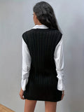 Solid V Neck Split Knitted Vest, Elegant Sleeveless Long Length Vest For Spring & Fall, Women's Clothing