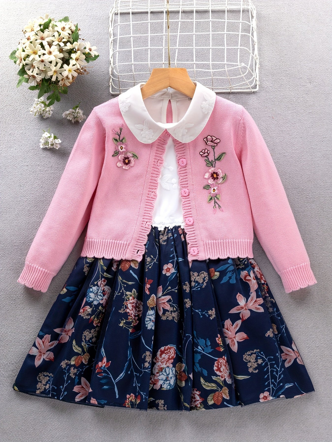 2PCS, 57% cotton Girl's Princess-Style Doll Collar Dress + Long-Sleeve Knit Cardigan - Comfy Fit And Fashion Design - Spring & Fall Clothes, Gift