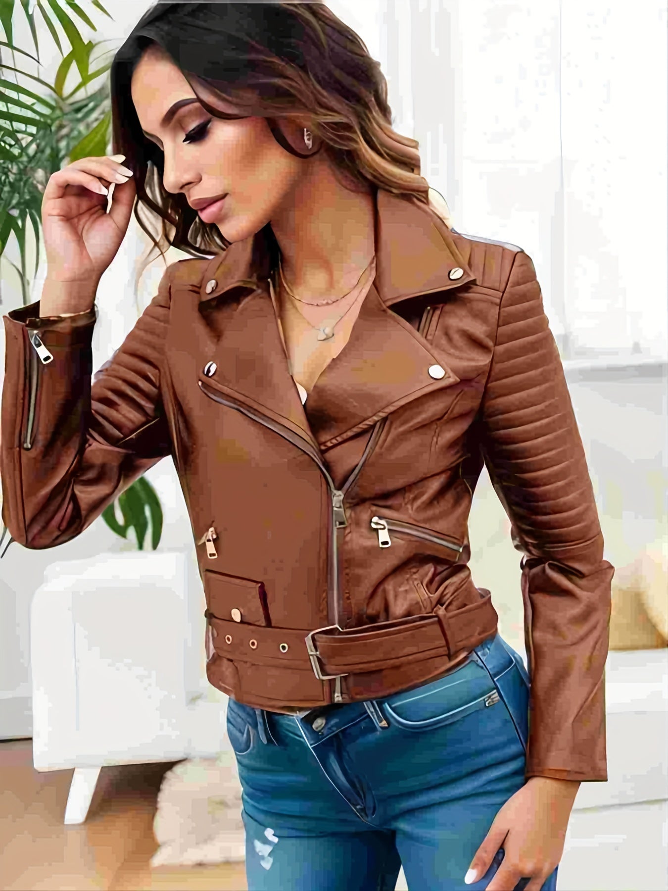 dunnmall  Solid Leather Biker Jacket, Streetwear Long Sleeve Zipper Outerwear, Women's Clothing