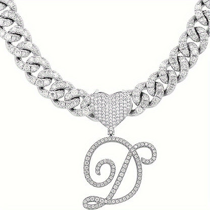 1 Piece Initial Necklace Men Women Silvery Cuban Chain Ice Rhinestone With Heart Shaped Letter Pendant Necklace Hip Hop Jewelry Gift