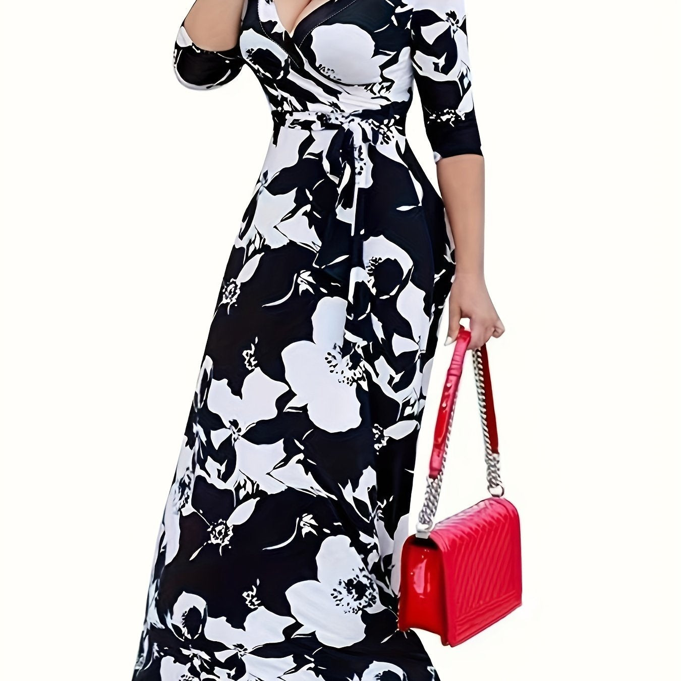 dunnmall  Floral Print Surplice Neck Dress, Casual High Waist Pleated Maxi Dress, Women's Clothing