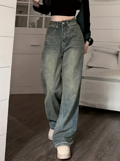 dunnmall  Vintage Wide Leg Jeans, Slant Pocket Loose Stylist Streetwear Baggy Denim Pants, Women's Denim Jeans & Clothing