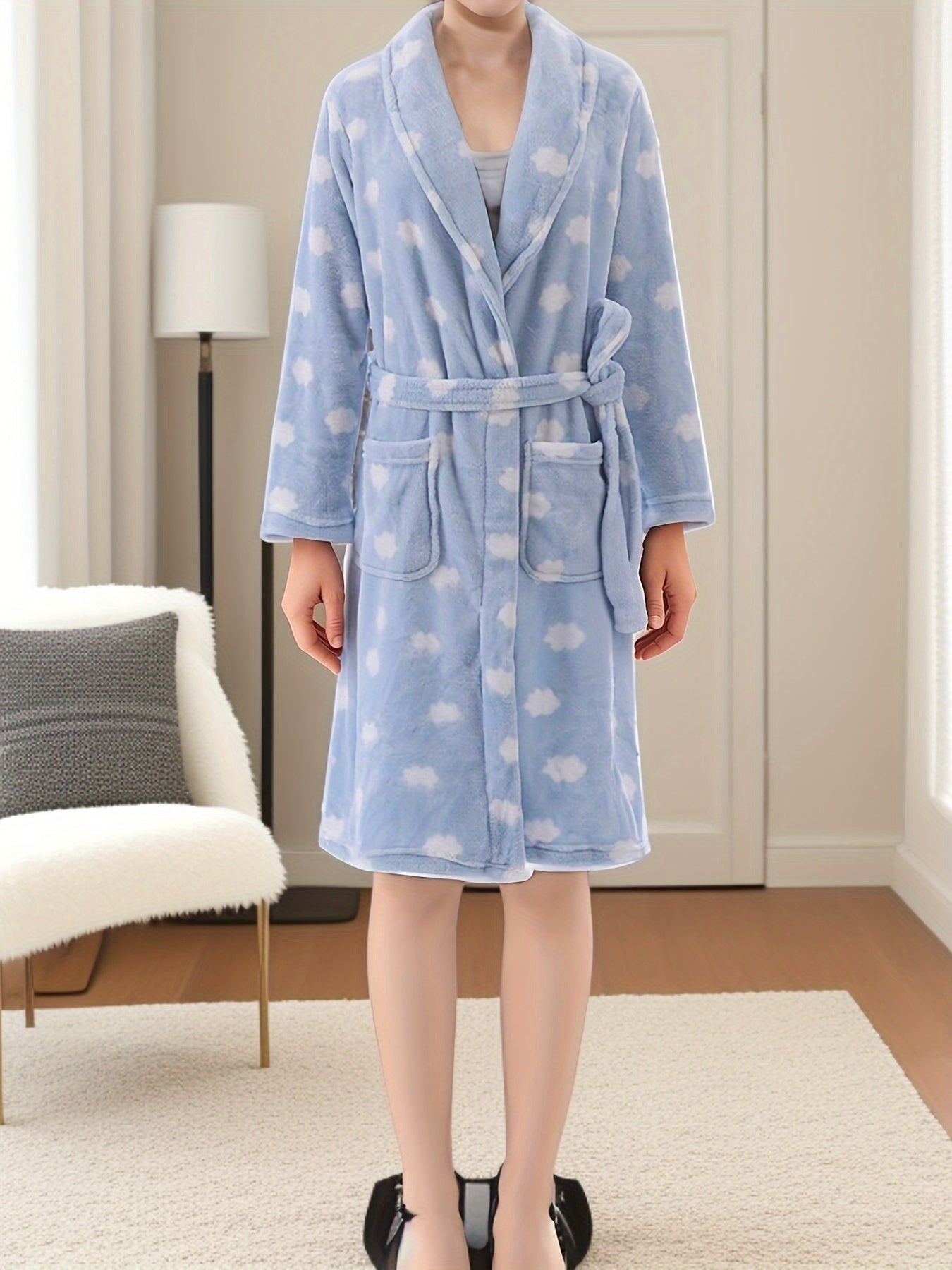 Casual Cloud Pattern Fleece Thickened Night Robe, Long Sleeve Lapel Pocketed Robe With Belt, Women's Sleepwear & Dresses For Fall & Winter