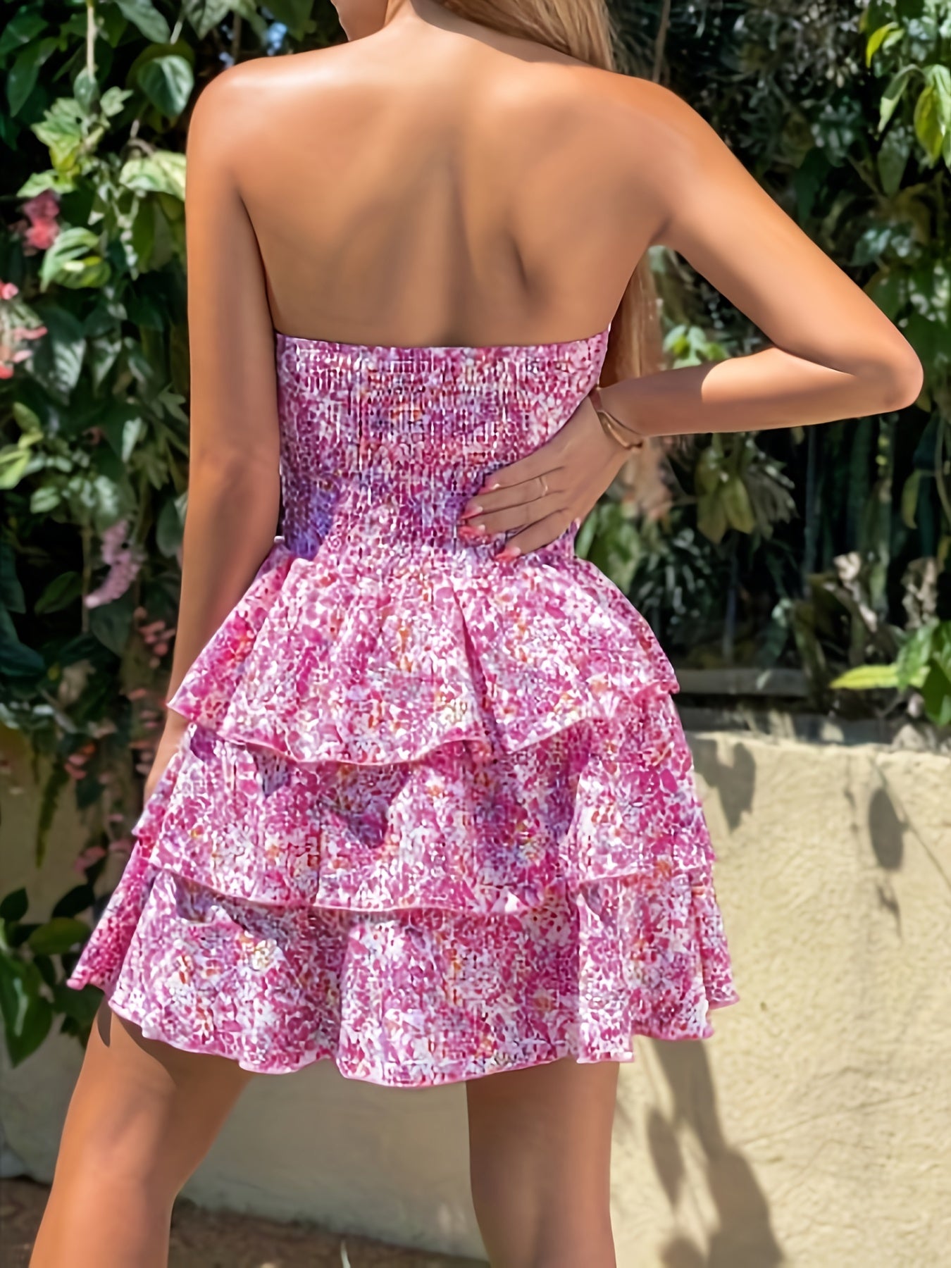 Women's Enchanting Backless Halter Dress - Floral Print, Ruched & Shirred Waist, Layered Ruffle Hem - Perfect for Summer Nights & Parties