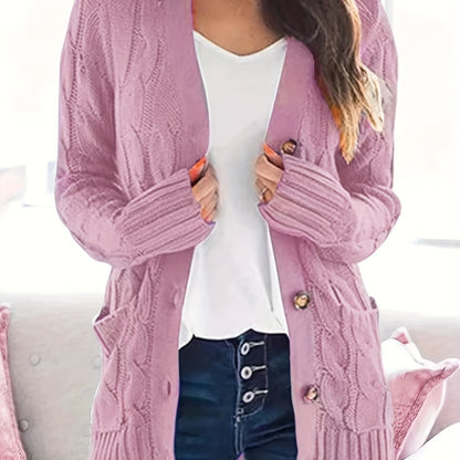 dunnmall  Cable Knit Button Front Cardigan, Casual Solid Long Sleeve Cardigan For Fall & Winter, Women's Clothing