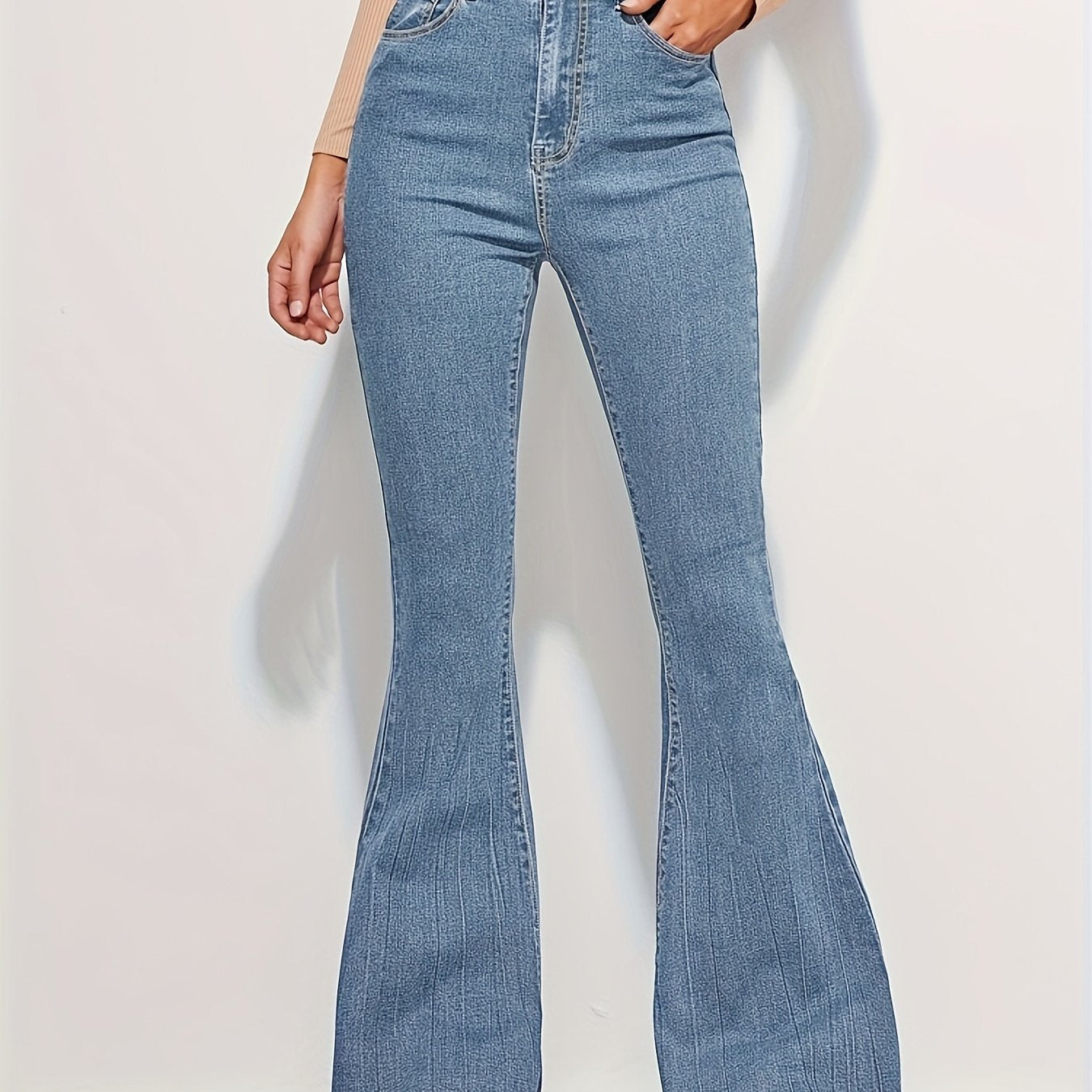 dunnmall Raw Trim Fashion Bell Bottom Jeans, High Waist Elastic Washed Elegant Denim Pants, Women's Denim Jeans & Clothing